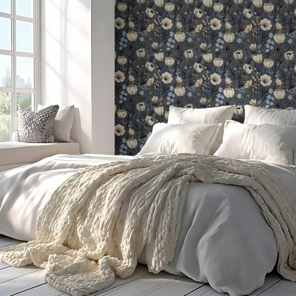 Elisa Grey - Papiers peints - Gris - Chambre - Floral - Scandza - Intissé