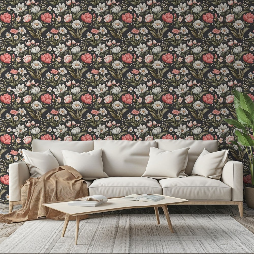 Adriana Dark Grey - Papiers peints - Gris - Salon - Floral - Scandza - Intissé