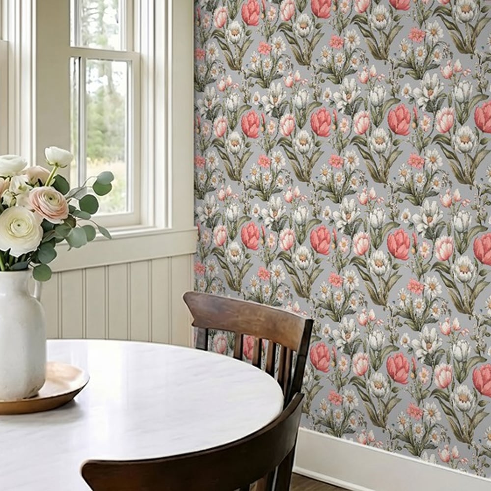 Adriana Light Grey - Papiers peints - Gris - Cuisine - Floral - Scandza - Intissé
