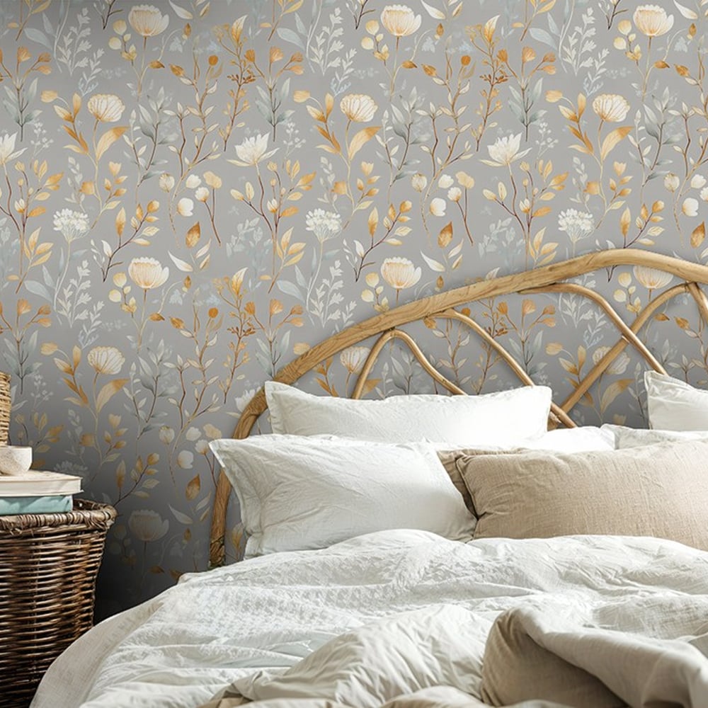 Inse Grey - Papiers peints - Gris - Cuisine - Floral - Scandza - Intissé