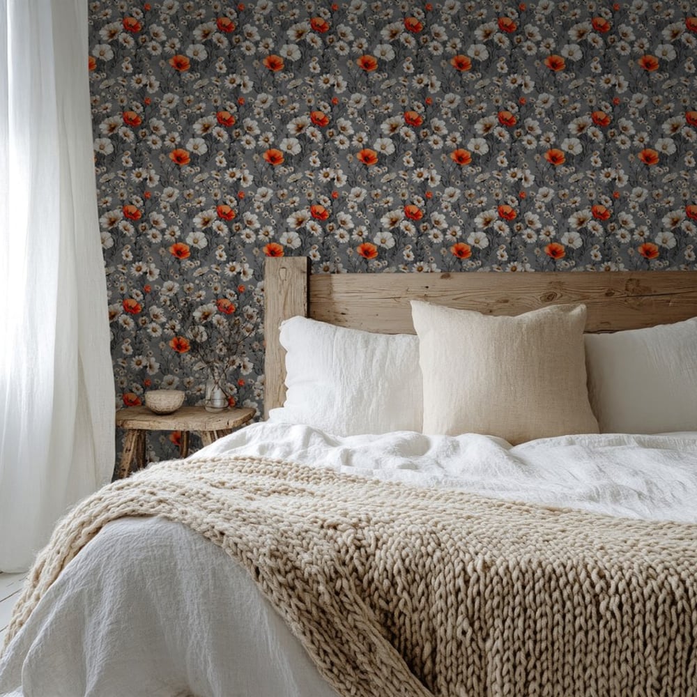 Kirsti Dark Grey - Papiers peints - Gris - Chambre - Floral - Scandza - Intissé
