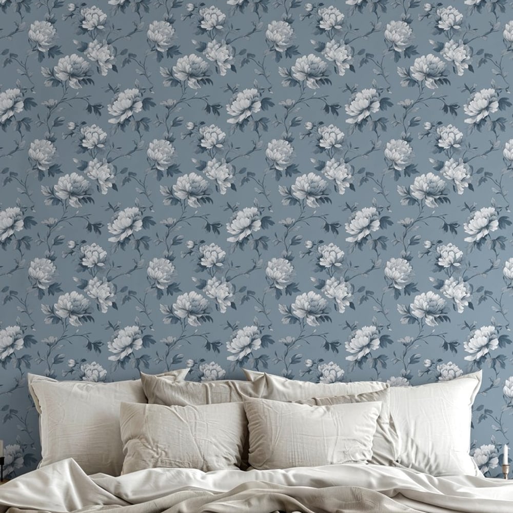 Kathy Blue - Papiers peints - Bleu - Chambre - Floral - Scandza - Intissé