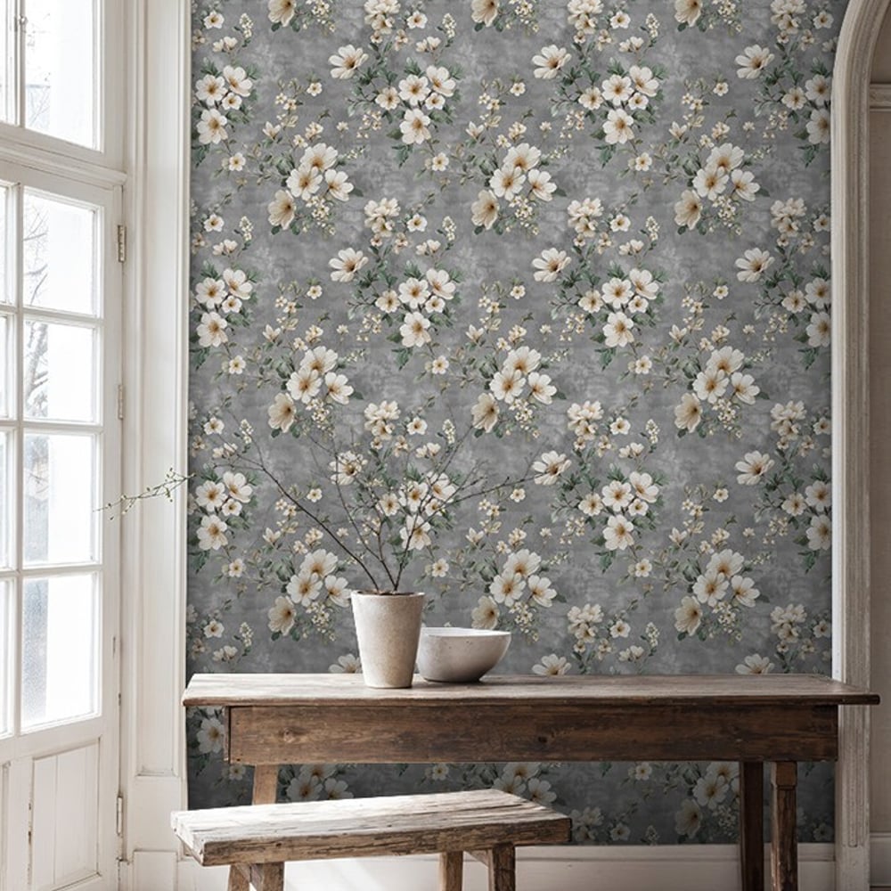 Elna Grey - Papiers peints - Gris - Cuisine - Floral - Scandza - Intissé