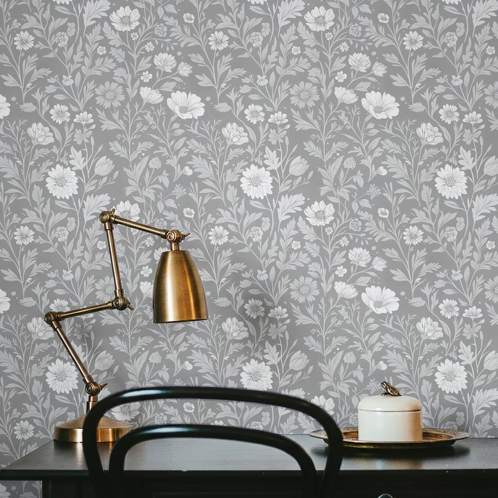 Kelly Grey - Papiers peints - Gris - Bureau - Floral - Scandza - Intissé