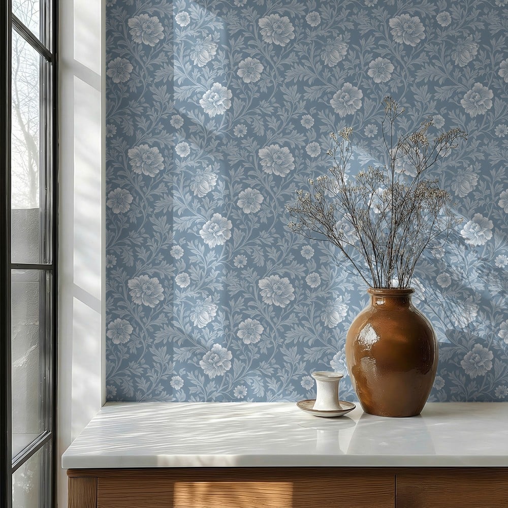 Chantelle Blue - Papiers peints - Bleu - Cuisine - Floral - Scandza - Intissé