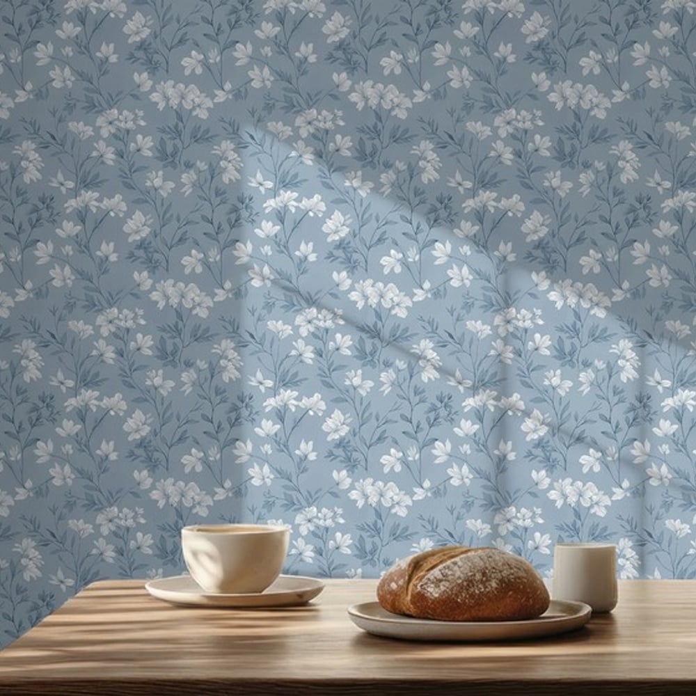 Krista Blue - Papiers peints - Gris - Chambre - Floral - Scandza - Intissé