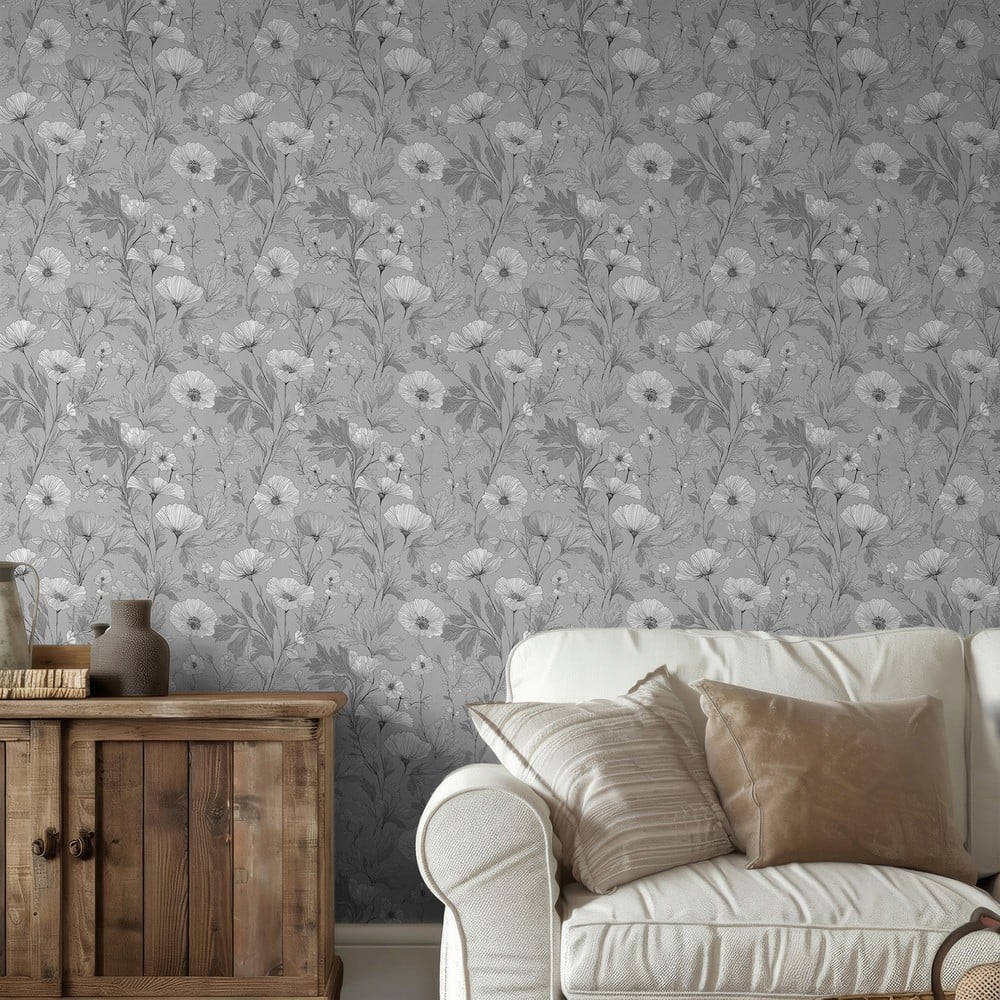 Lola Grey - Papiers peints - Gris - Salon - Floral - Scandza - Intissé