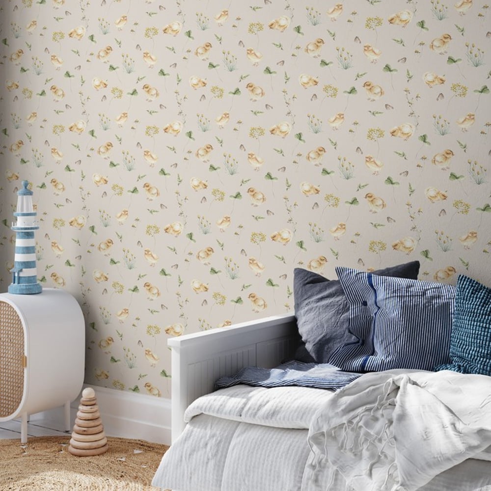 Chicken little story Beige - Papiers peints - Beige - Chambre d’enfant - Oiseaux - Wallpassion -