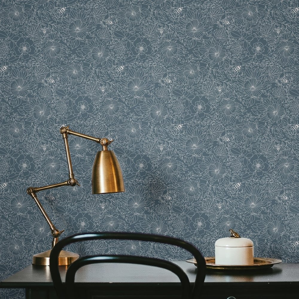 Bees and Flowers in Blue - Wallpaper - Blue - Office - Floral - Wallpassion - Non-Woven
