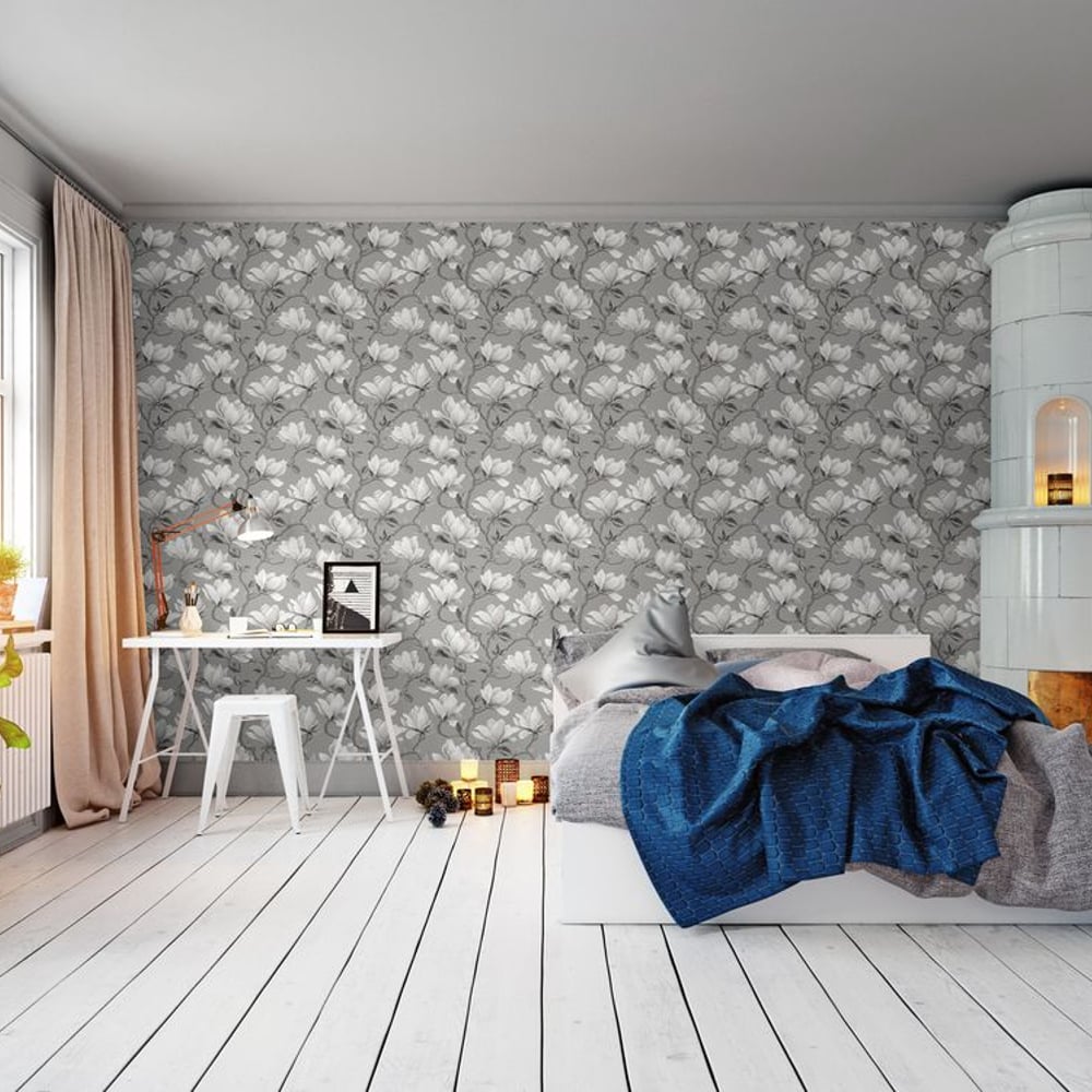 Corinne Grey - Papiers peints - Gris - Chambre d’adolescent - Floral - in between - Intissé
