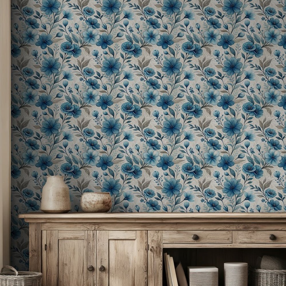 Cilla Blue - Tapetit - Sininen - Olohuone - Kukkakuvioinen - Palette - Non-Woven