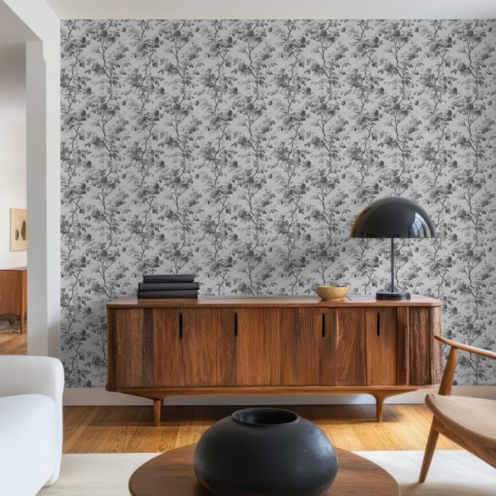 Villemo Grey - Wallpaper - Grey - Living room - Floral - September - Non-Woven