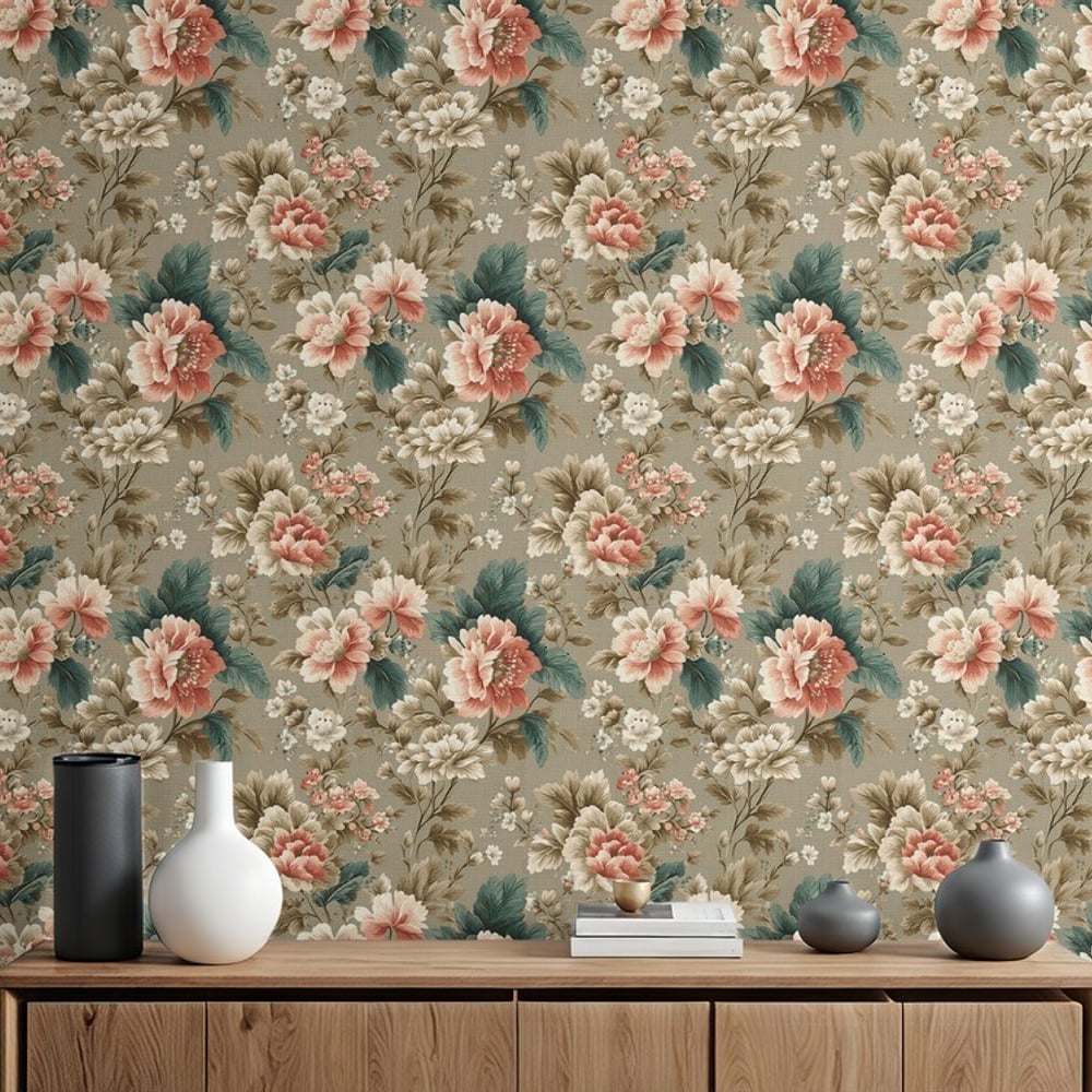 Gloria Beige - Tapet - Beige - Stue - Blomstret - September - Non-Woven
