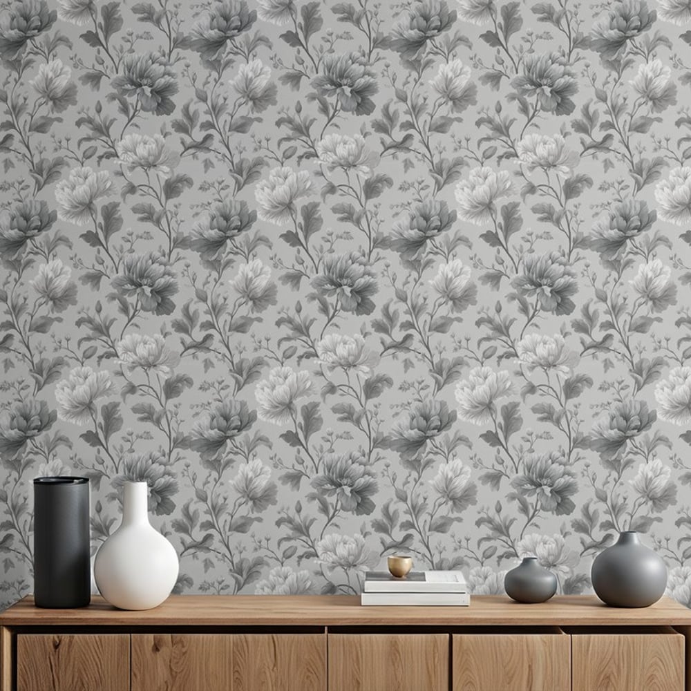 Sharon Grey - Wallpaper - Grey - Living room - Floral - September - Non-Woven