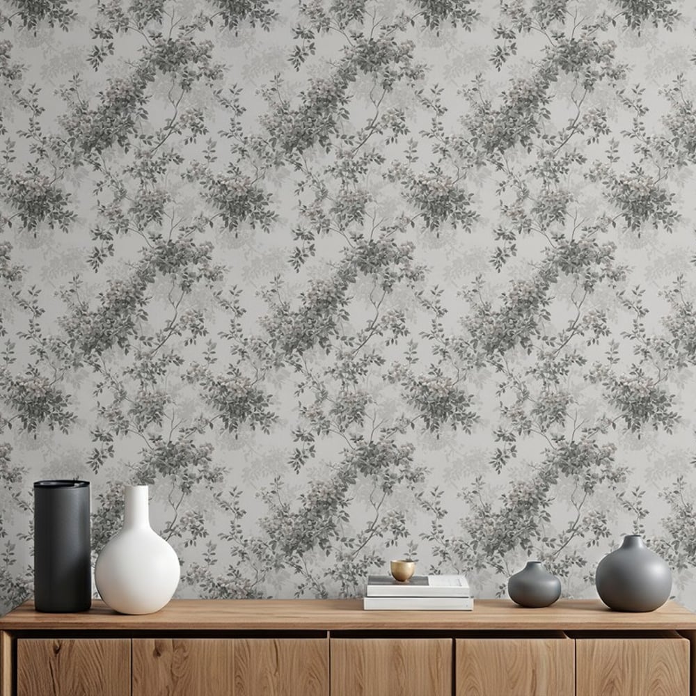 Bettina Grey - Tapet - Grå - Stue - Blomstret - September - Non-Woven