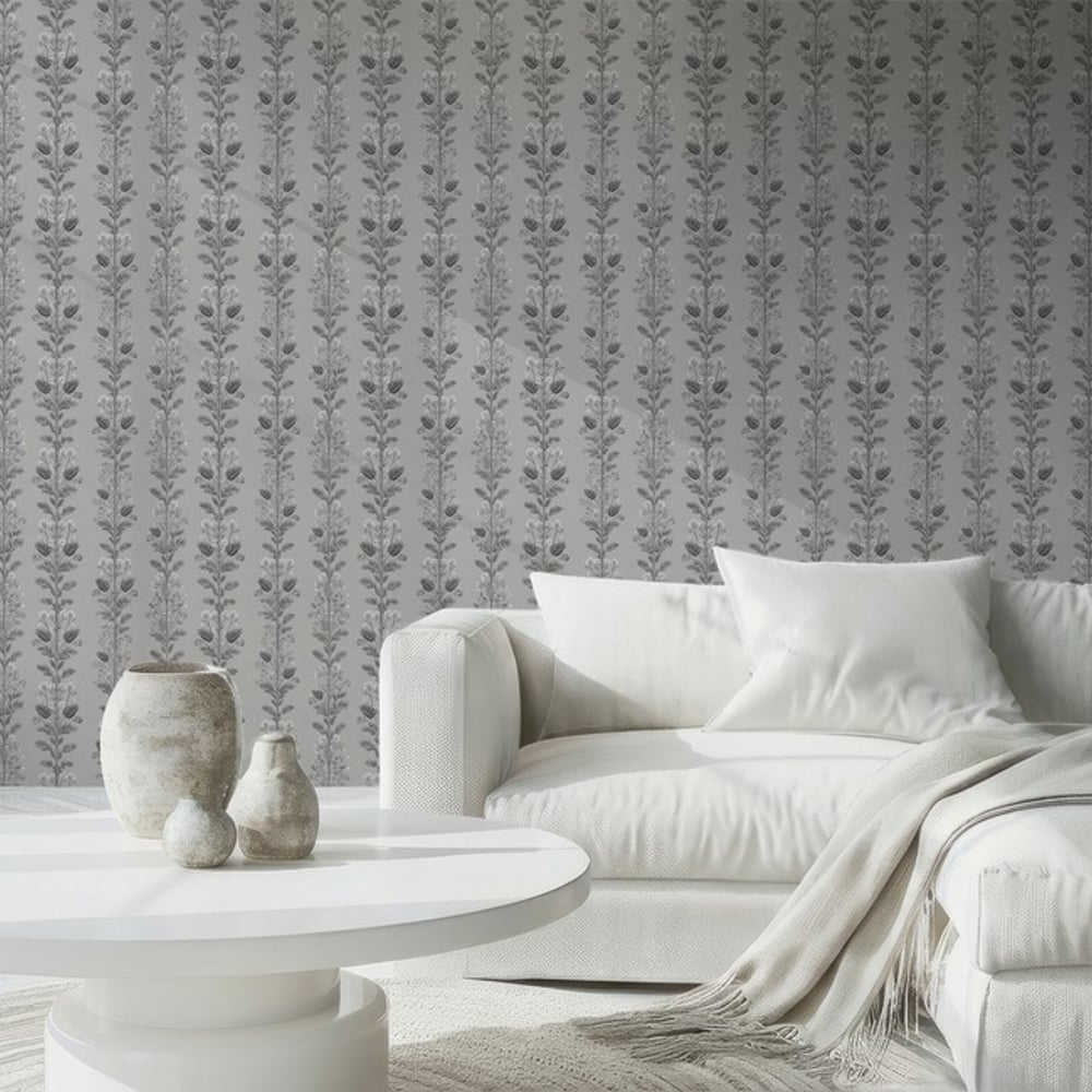 Tibertius Grey - Wallpaper - Grey - Living room - Floral - September - Non-Woven