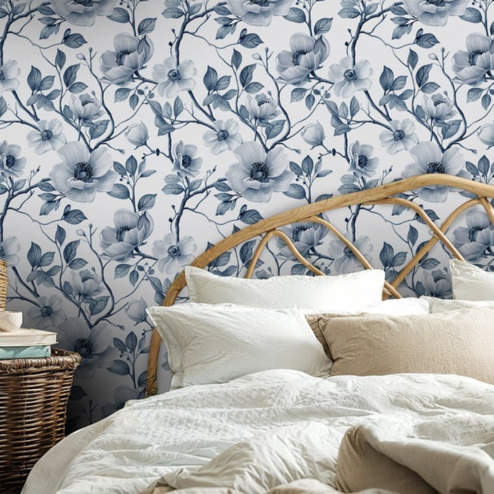 Helena Blue - Papiers peints - Bleu - Chambre - Floral - Palette - Intissé