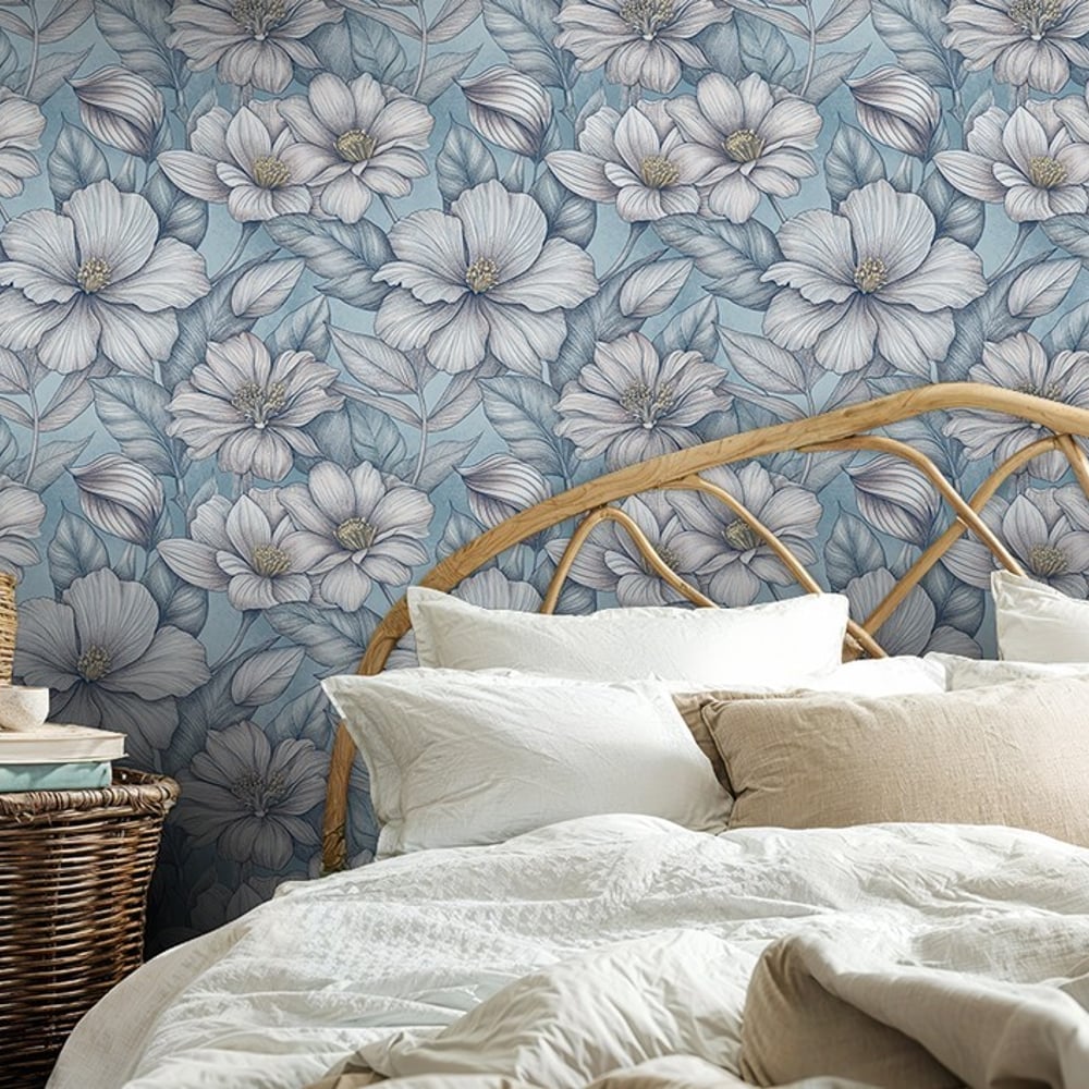 Virpi Blue - Papiers peints - Bleu - Chambre - Floral - Palette - Intissé