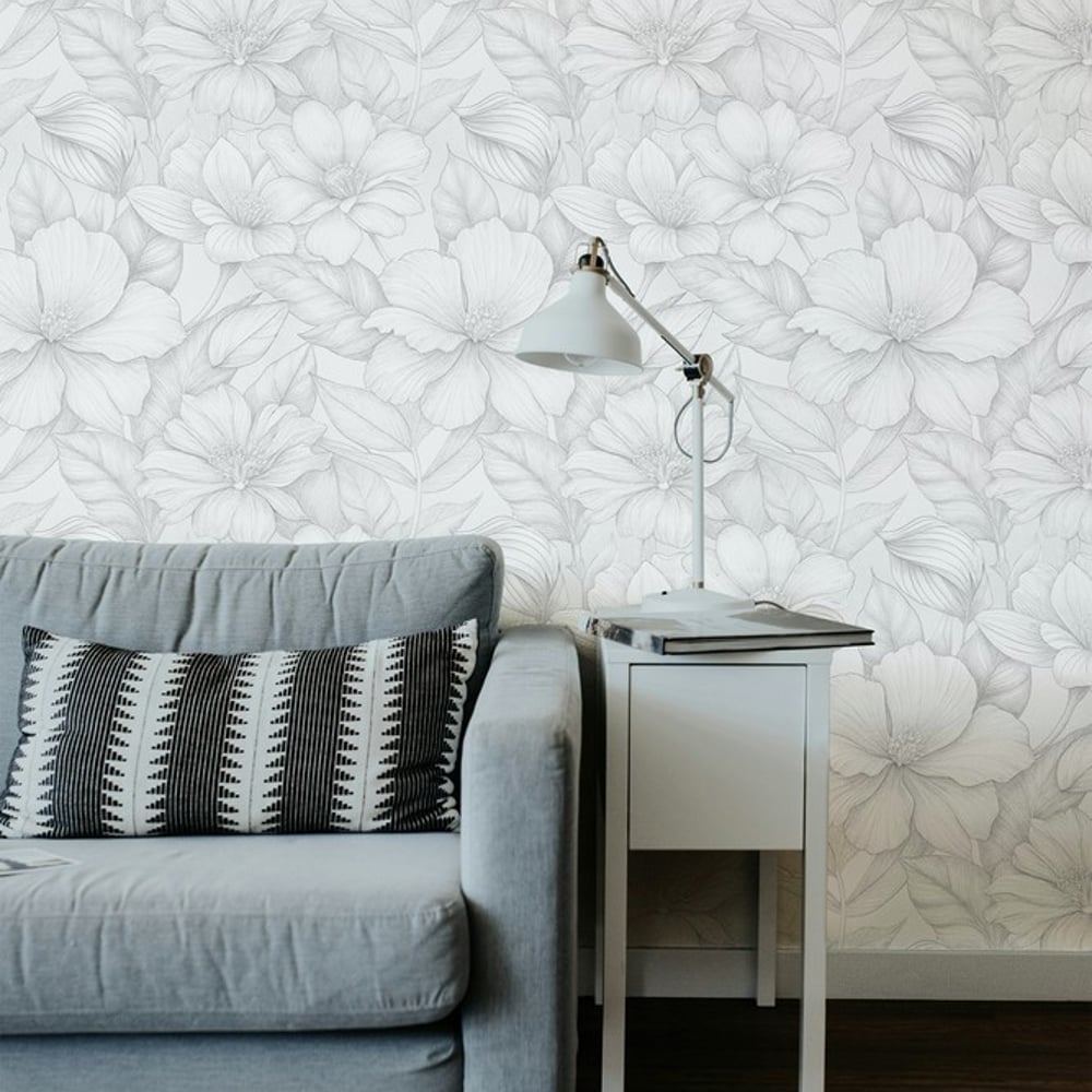 Virpi Light Grey - Papiers peints - Gris - Salon - Floral - Palette - Intissé
