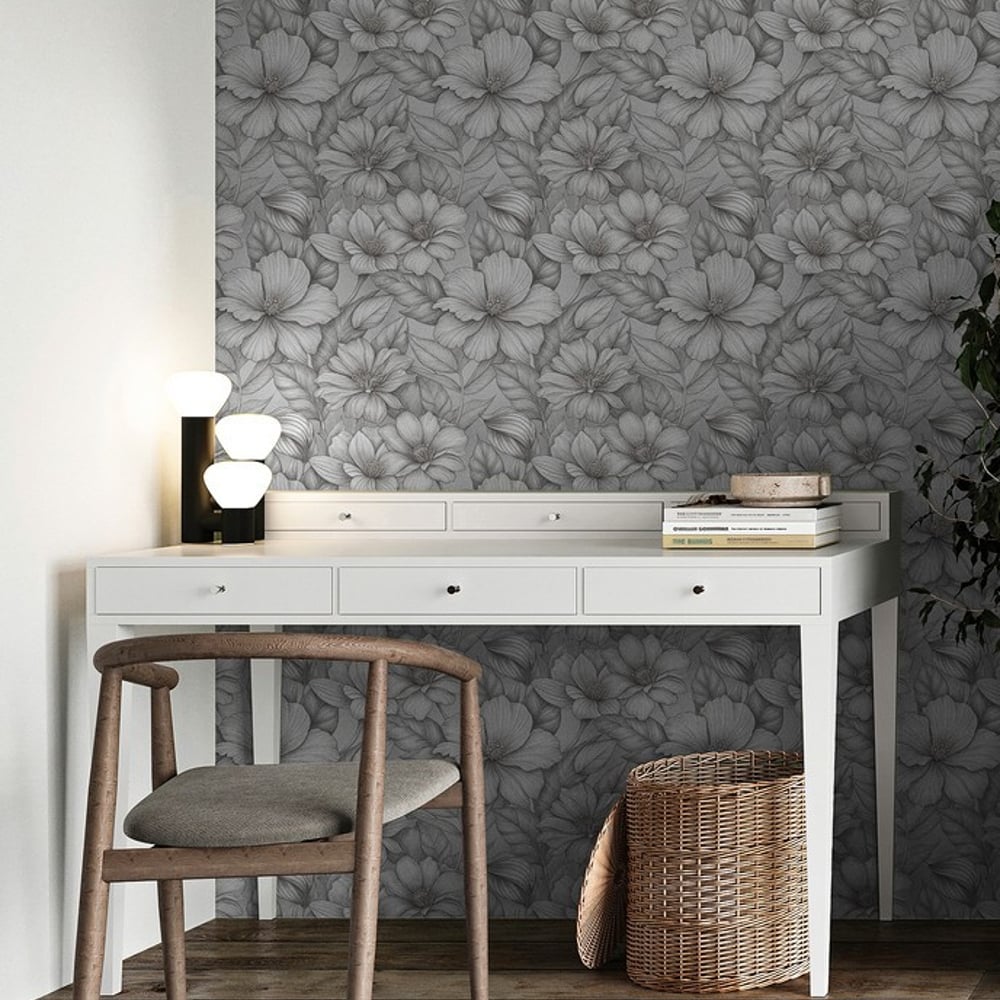 Virpi Grey - Papiers peints - Gris - Bureau - Floral - Palette - Intissé