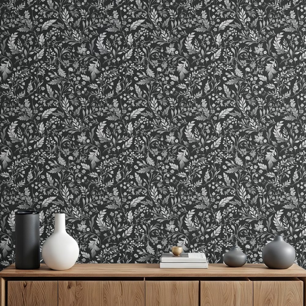 Ella Dark Grey - Papiers peints - Gris - Salon - Floral - Wallpassion - Intissé