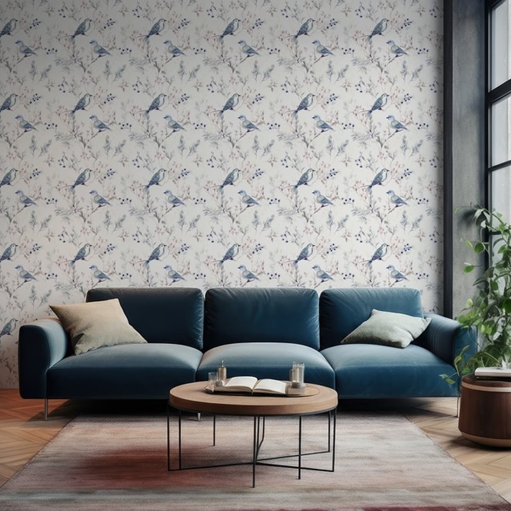 Amelia Blue - Papiers peints - Bleu - Salon - Oiseaux - Wallpassion - Intissé