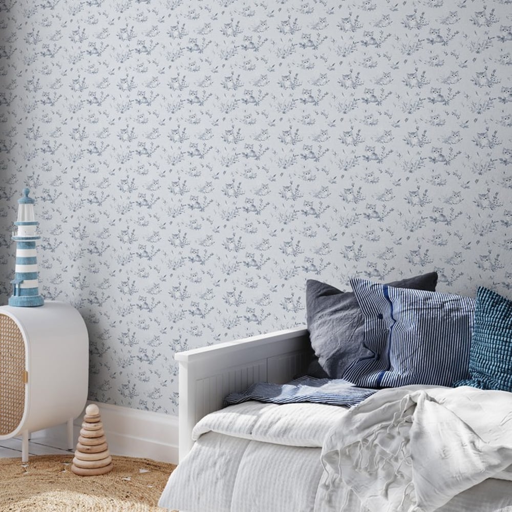 Curious kitten Blue - Papiers peints - Bleu - Chambre d’enfant - Animal - Wallpassion - Intissé