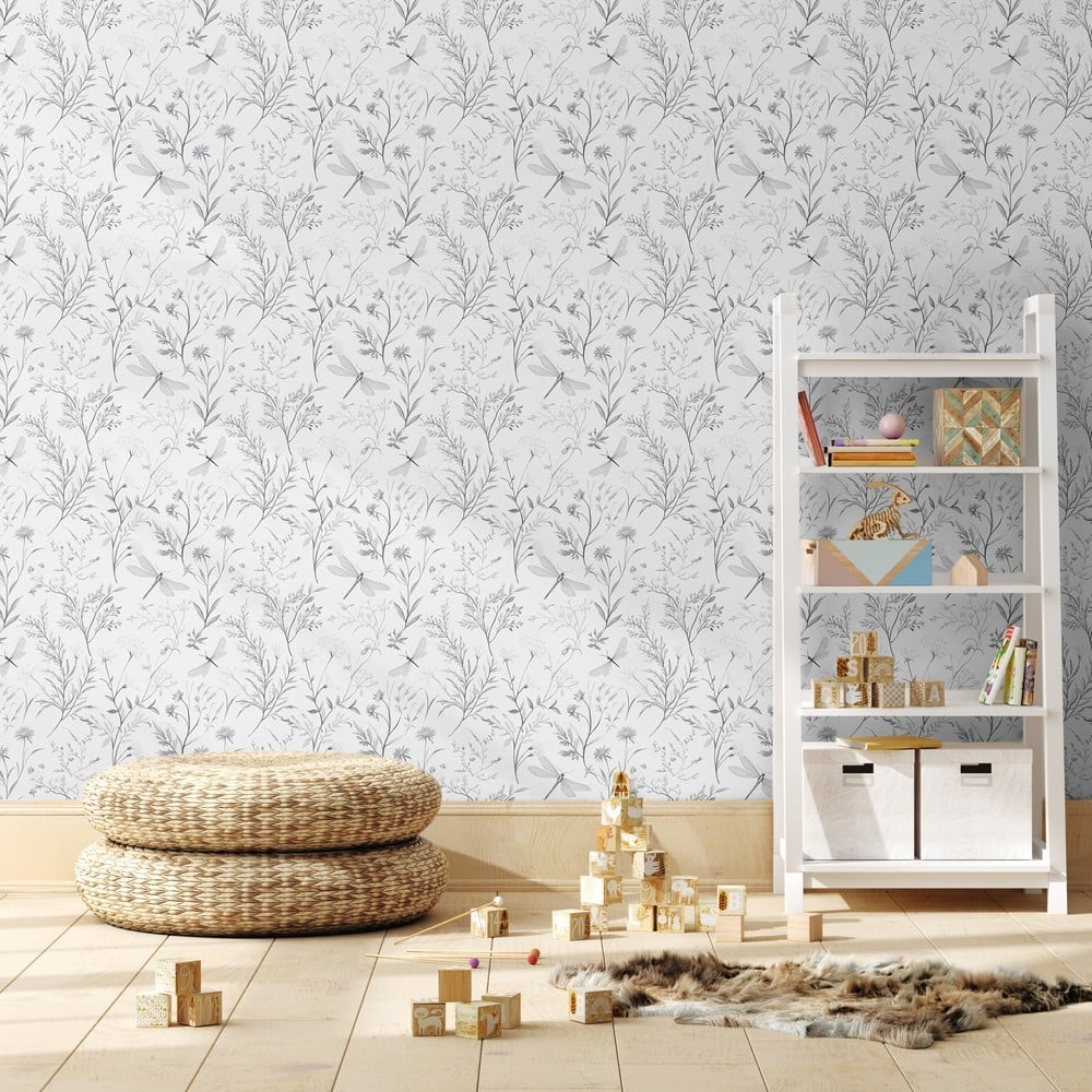 Dragon fly garden Grey - Papiers peints - Gris - Chambre d’enfant - Animal - Wallpassion - Intissé