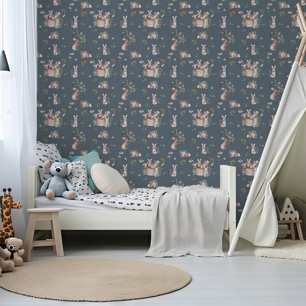 Bunny bath Dark Blue - Papiers peints - Bleu - Chambre d’enfant - Animal - Wallpassion - Intissé