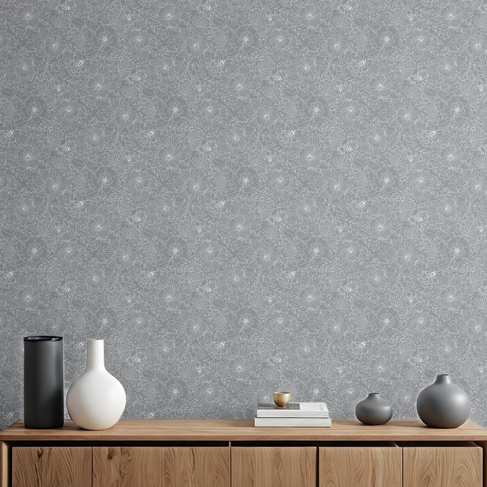 Bees and Flowers in Grey - Wallpaper - Grey - Living room - Floral - Wallpassion - Non-Woven