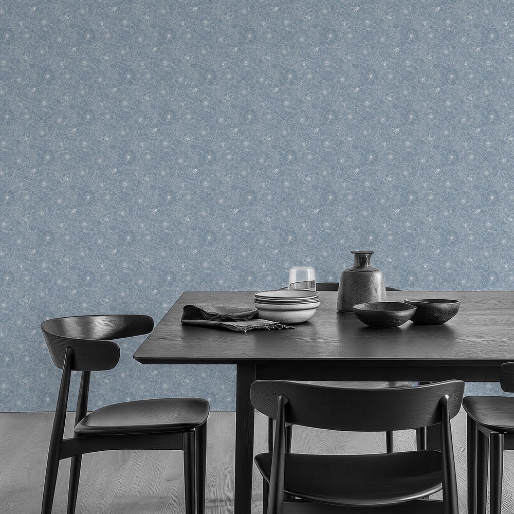 Bees and Flowers in Light Blue - Wallpaper - Blue - Kitchen - Floral - Wallpassion - Non-Woven