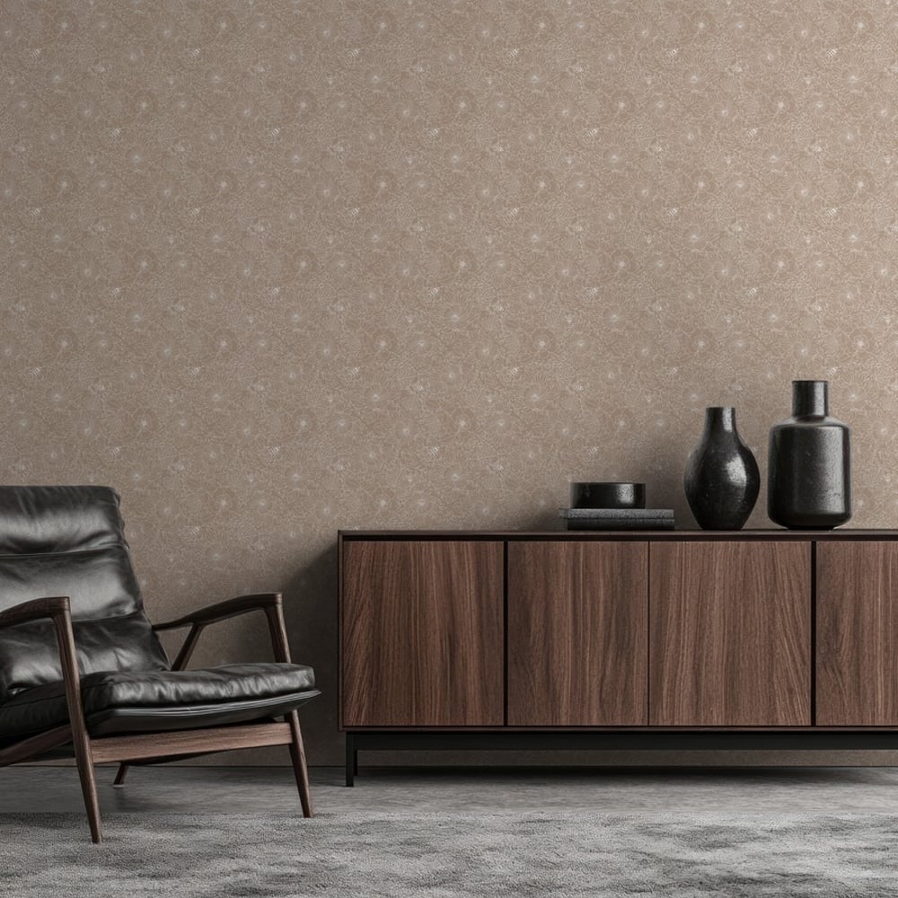 Bees and Flowers in Beige - Wallpaper - Beige - Living room - Floral - Wallpassion - Non-Woven