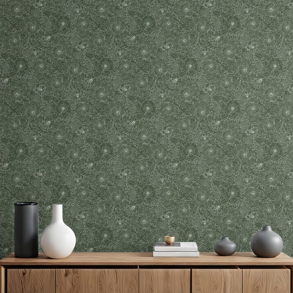 Bees and Flowers in Dark Green - Wallpaper - Green - Living room - Floral - Wallpassion - Non-Woven