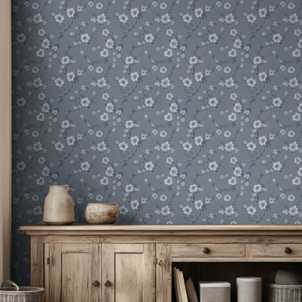 Bianca Dark Blue - Papiers peints - Bleu - Salon - Floral - Scandza - Intissé