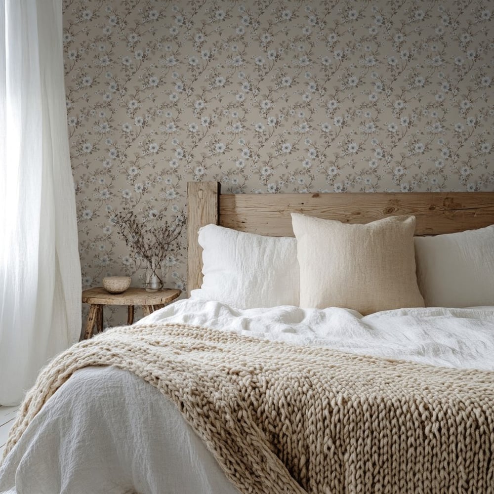 Bianca Beige - Papiers peints - Beige - Chambre - Floral - Scandza - Intissé