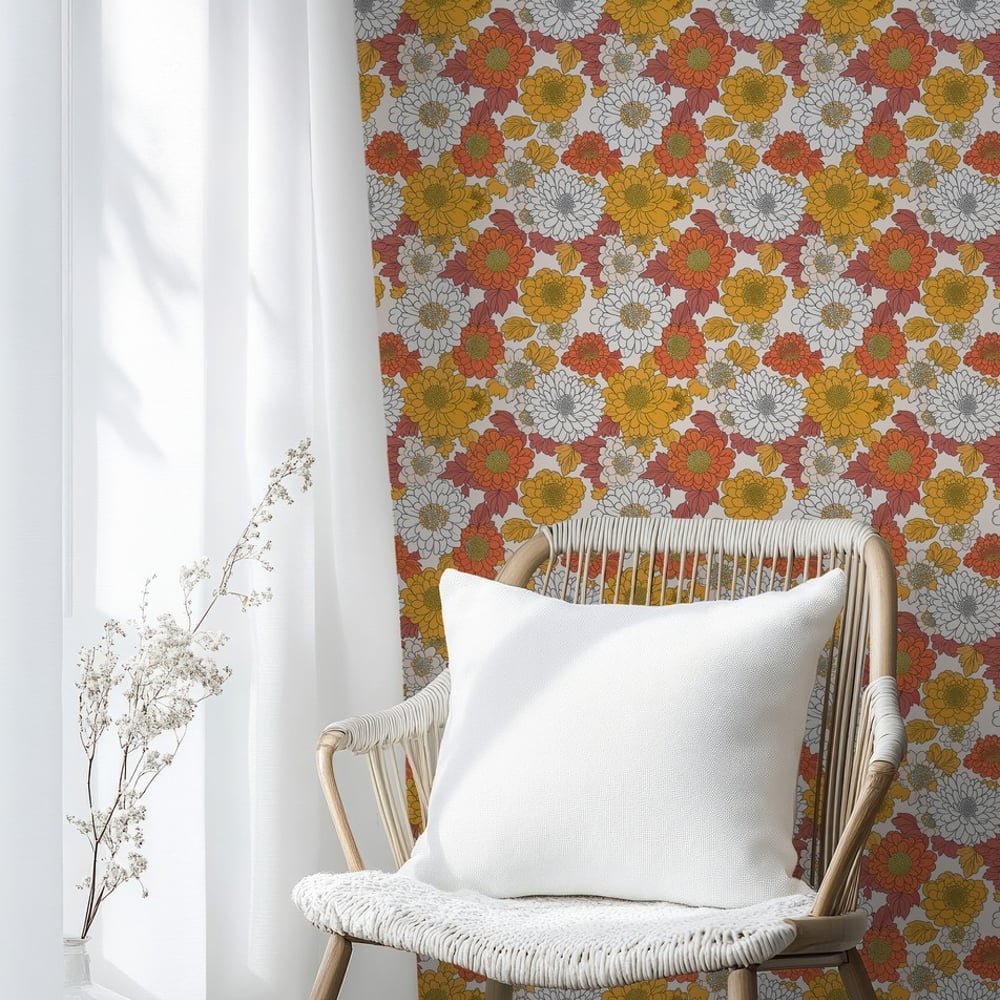 Hillevi Orange - Papiers peints - Orange - Salon - Floral - Scandza - Intissé