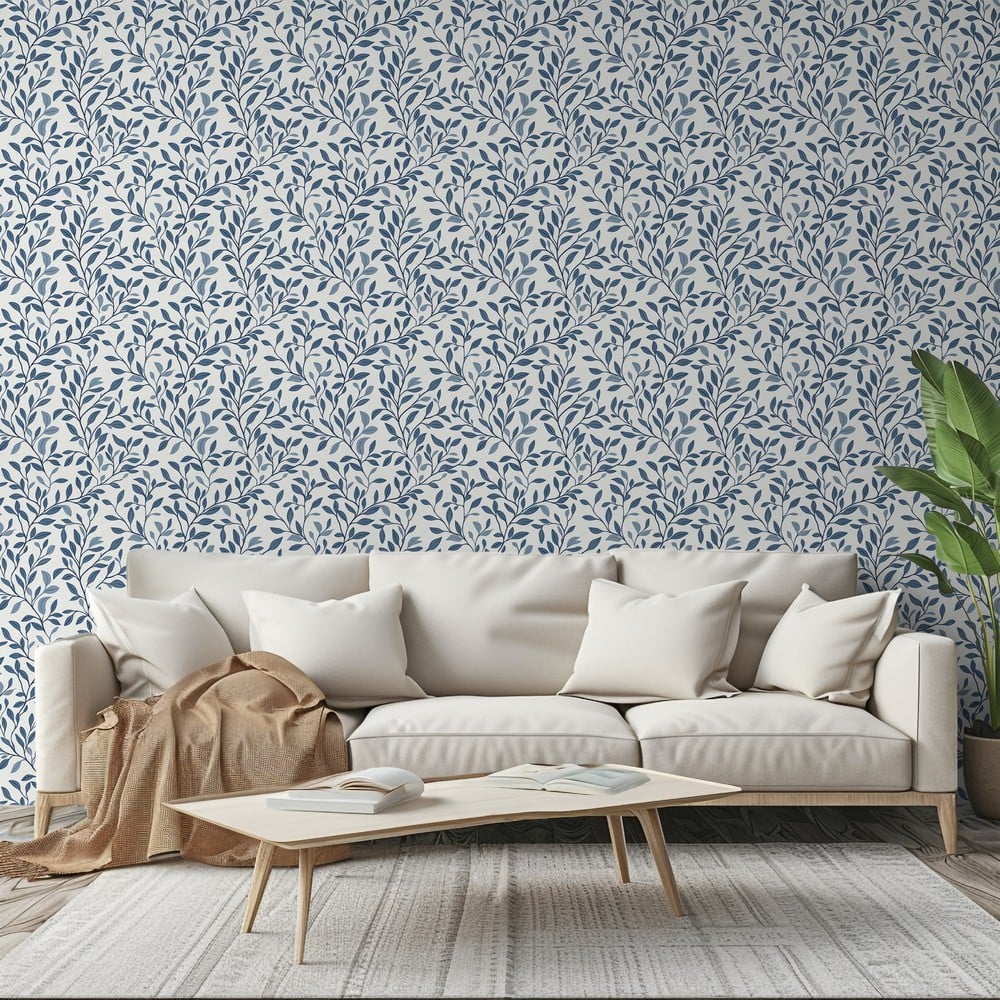 Jonatan Light Blue - Papiers peints - Bleu - Salon - Feuille - Scandza - Intissé