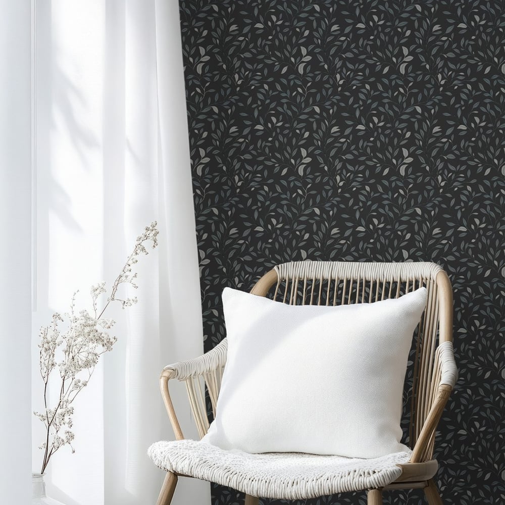 Jonatan Dark Grey - Papiers peints - Gris - Salon - Feuille - Scandza - Intissé