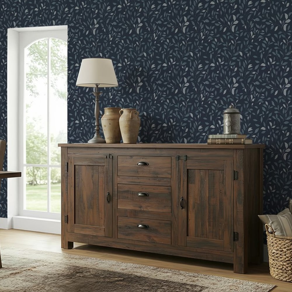 Jonatan Dark Blue - Papiers peints - Bleu - Salon - Feuille - Scandza - Intissé