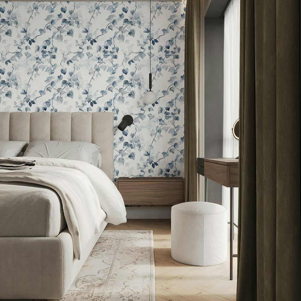 Emile Light Blue - Tapet - Blå - Soveværelse - Blad - Dreamland - Non-Woven
