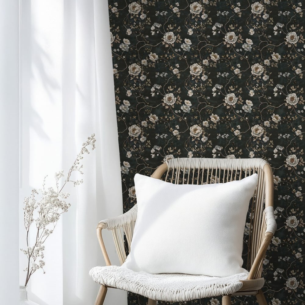 Arielle Dark Grey - Papiers peints - Gris - Salon - Floral - Scandza - Intissé