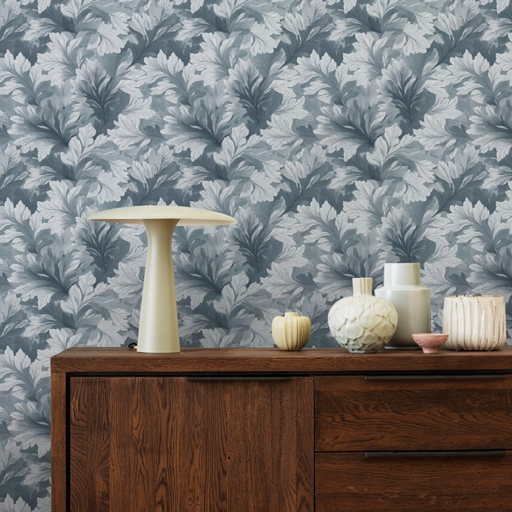 Egon Dark Blue - Papiers peints - Bleu - Salon - Feuille - Wallpassion - Intissé