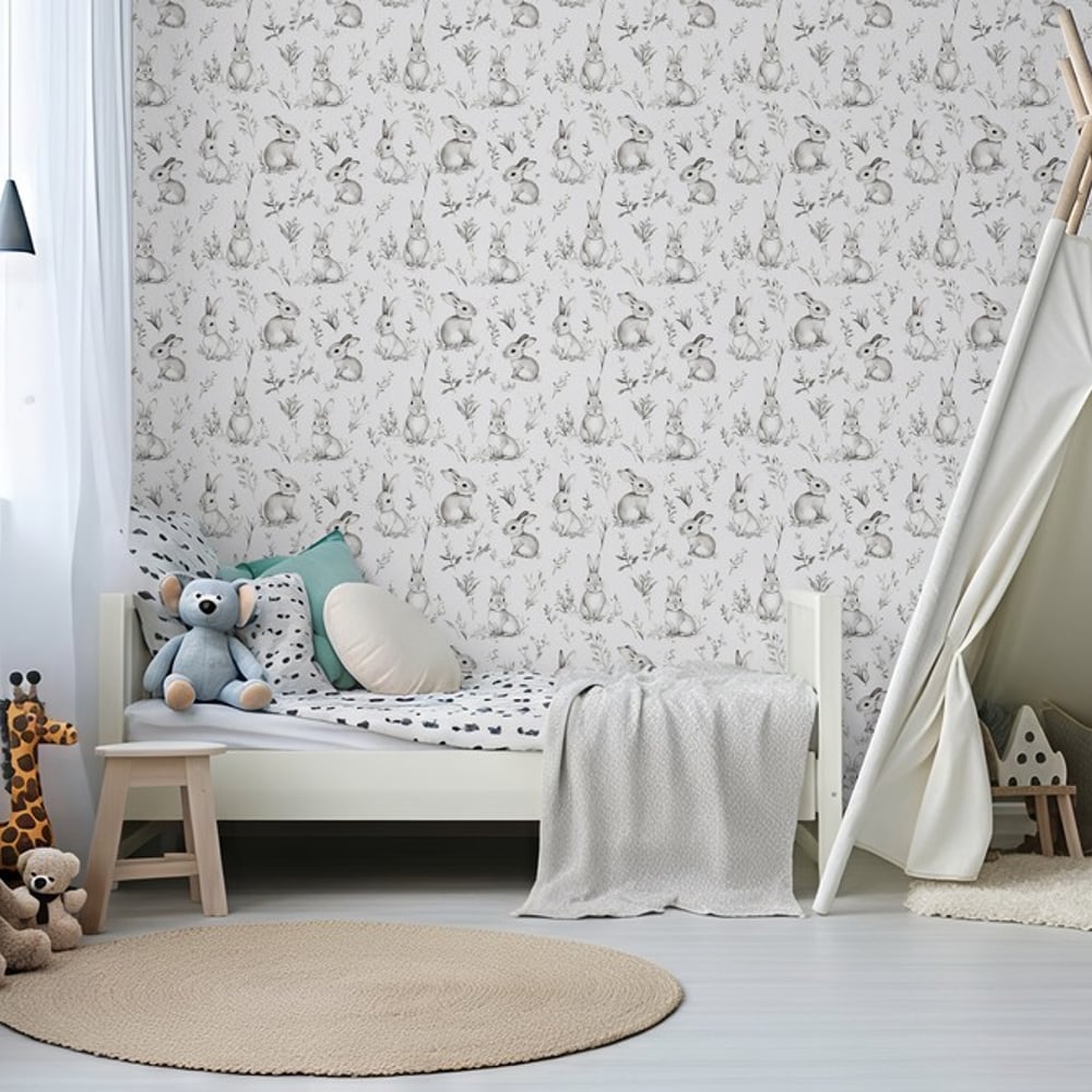 Bunny Dreams Grey - Papiers peints - Gris - Chambre d’enfant - Animal - Wallpassion - Intissé