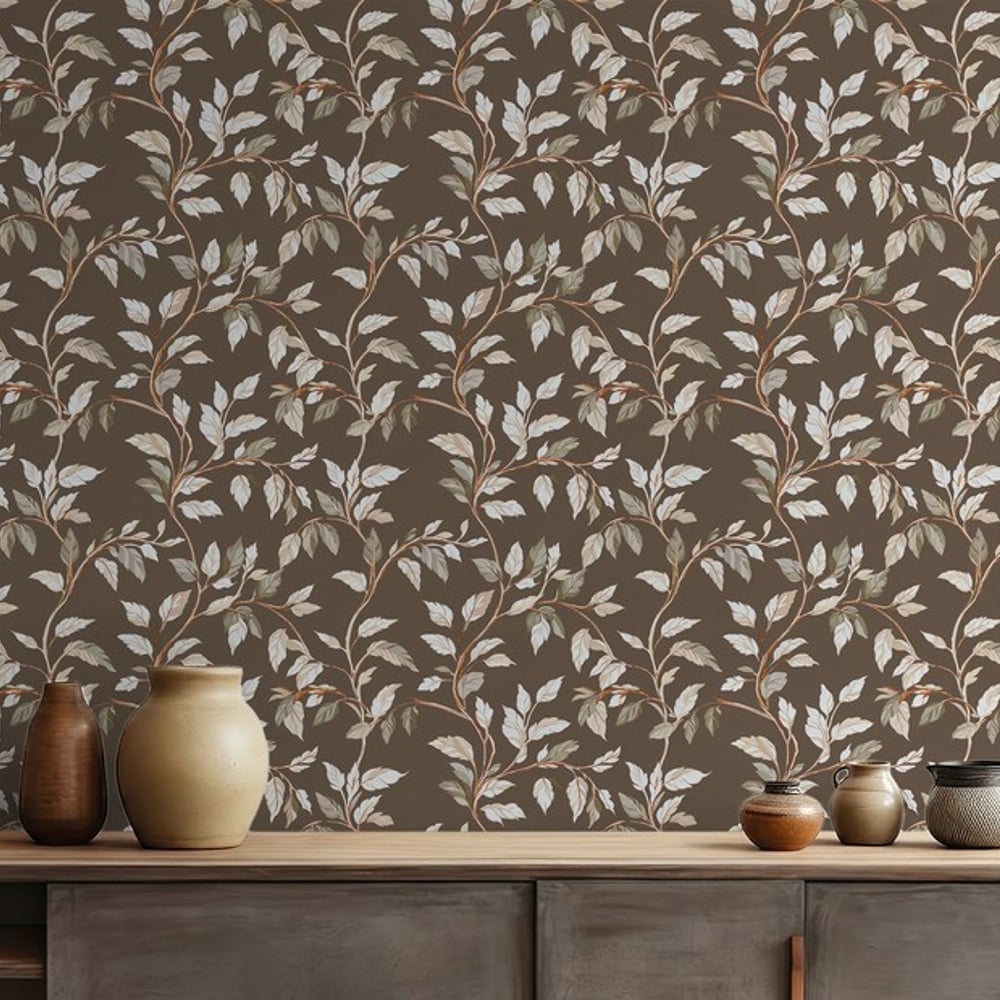 Klemens Brown - Papiers peints - Marron - Salon - Feuille - Scandza - Intissé