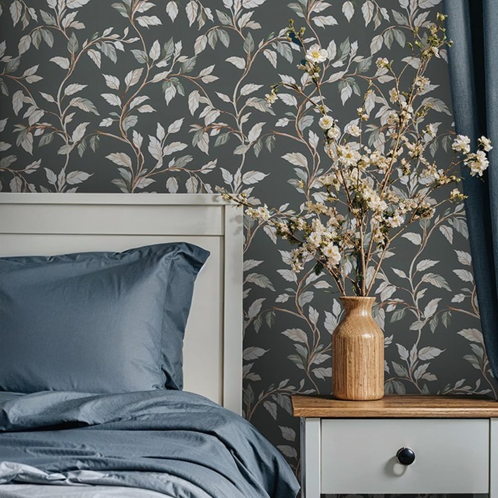Klemens Dark Grey - Papiers peints - Gris - Chambre - Feuille - Scandza - Intissé