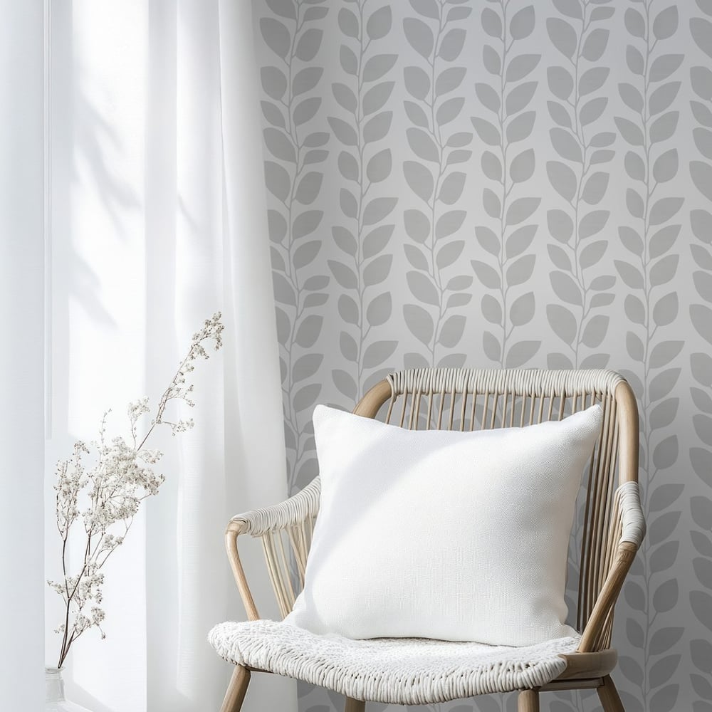 Hovsta Light Grey - Papiers peints - Gris - Salon - Feuille - Scandza - Intissé