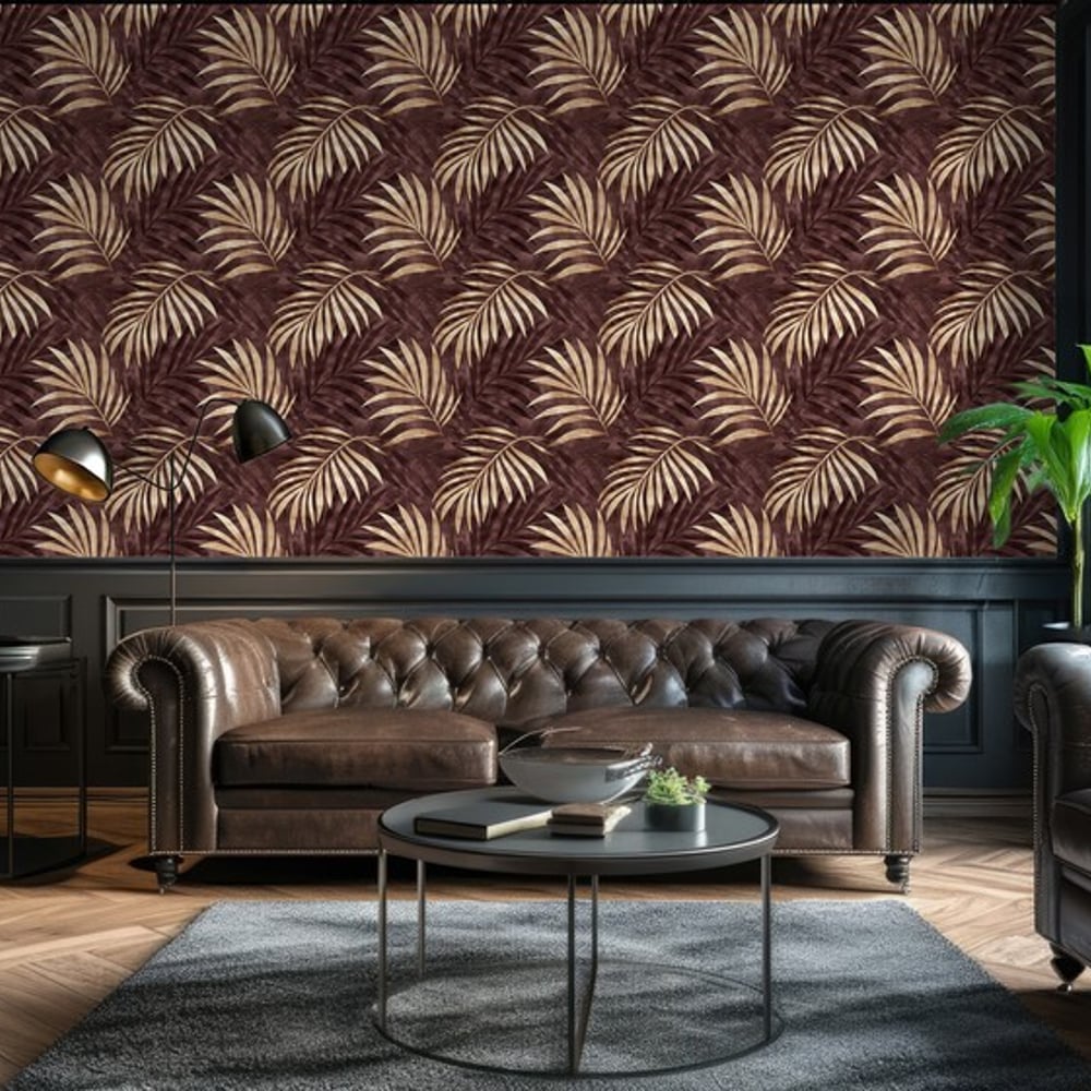 Miguel Red - Wallpaper - Red - Living room - Leaf - Blue Monkey - Non-Woven