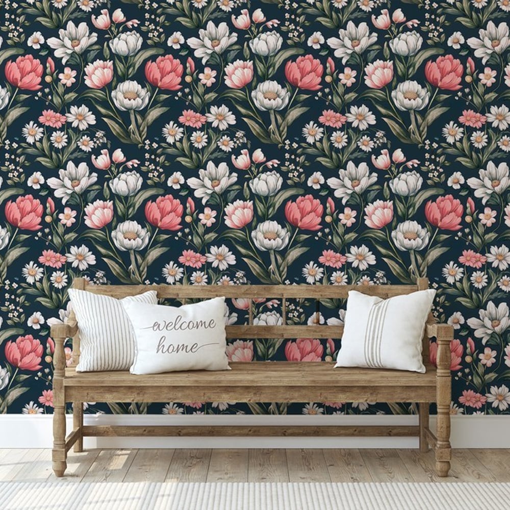 Adriana Dark Blue - Papiers peints - Bleu - Entrée - Floral - Scandza - Intissé