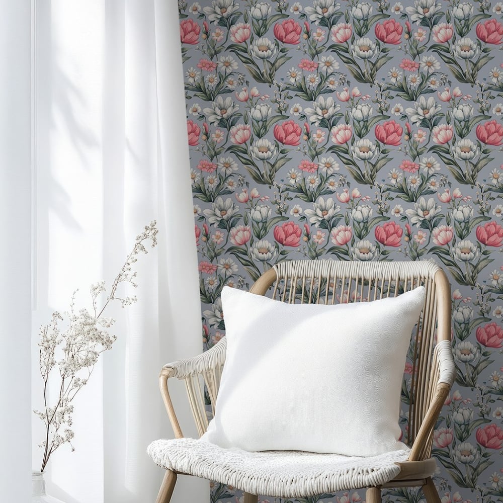 Adriana Light Blue - Papiers peints - Bleu - Salon - Floral - Scandza - Intissé
