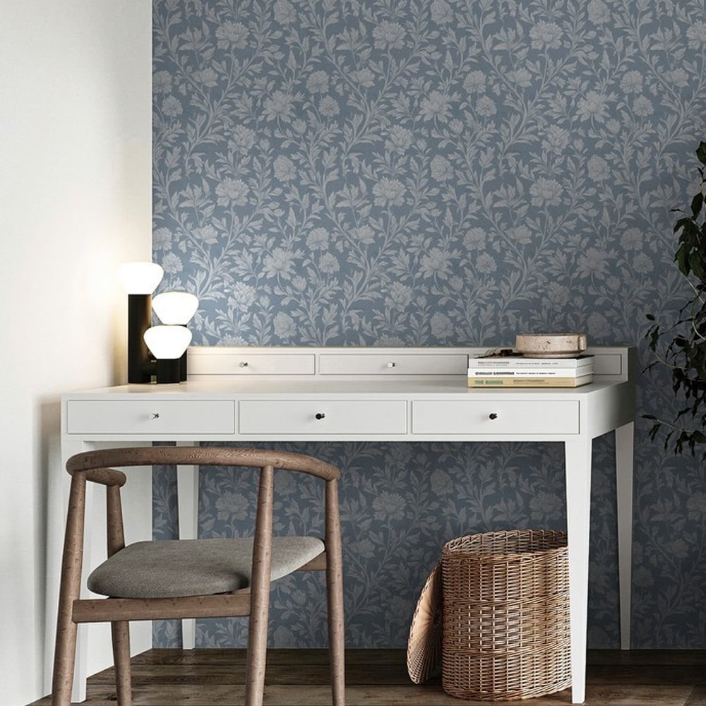 Alisa Dark Blue - Papiers peints - Bleu - Bureau - Floral - Scandza - Intissé